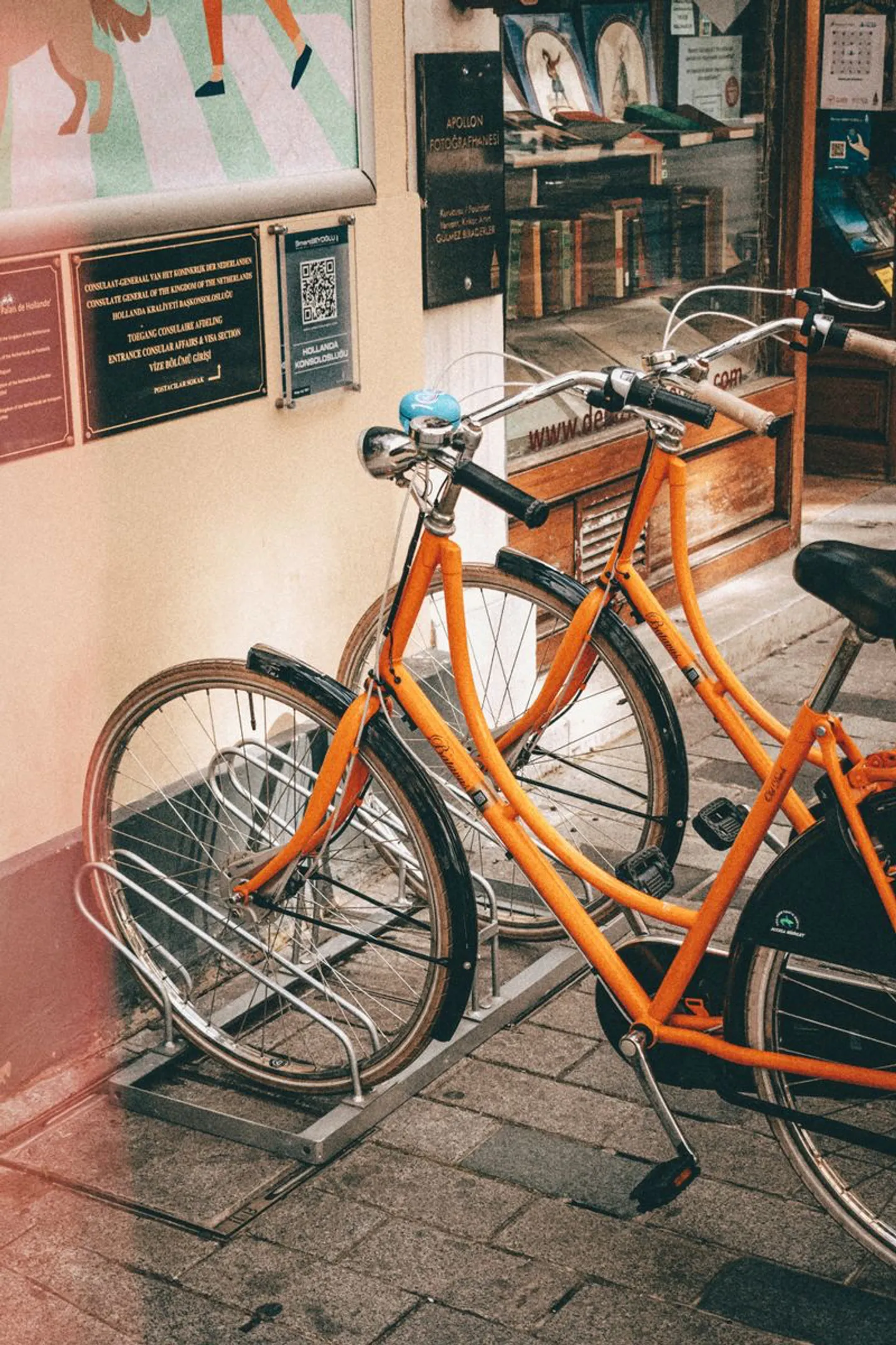 Row of rental bikes outside the BikeTirana shop