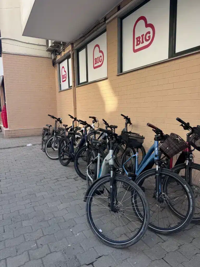 e bikes in tirana available for rent outside of biketirana shop in old bazar
